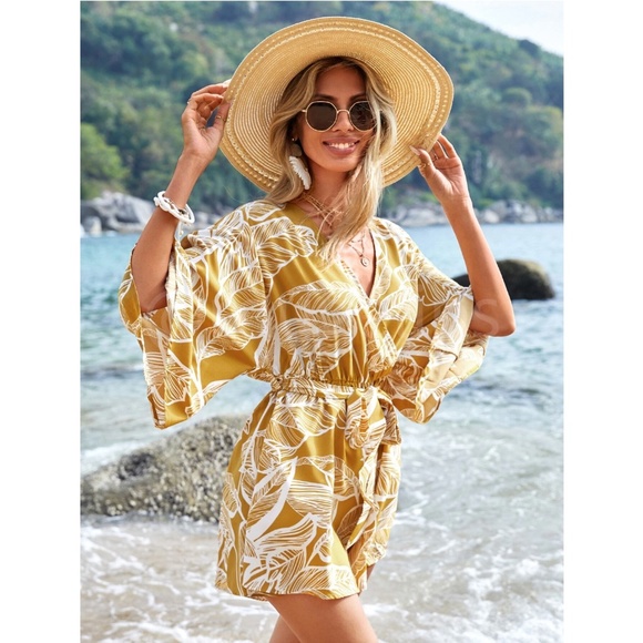 Leaf Tropical Print Mustard Yellow Romper Belted V-Neck, Surplice Batwing Sleeve - Picture 4 of 7